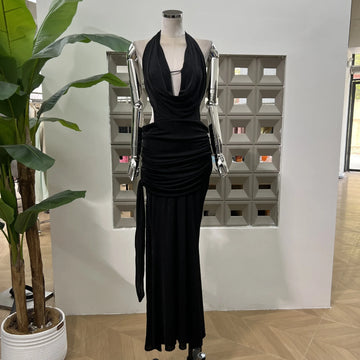 Xajzpa Fashion Solid Color Folds Dress Women's Halterneck Sleeveless Backless Casual Dresses 2025 Summer New Tide